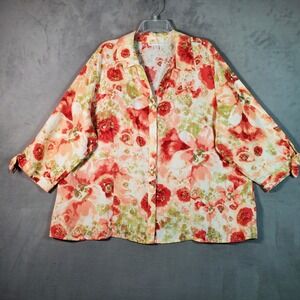 JM Collection Top Women 24W Pink Floral Linen Button Shirt Beachy Coastal Chic